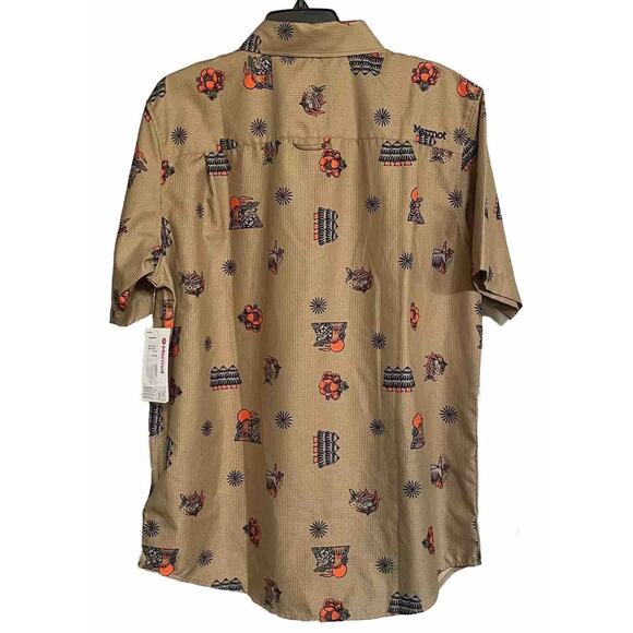 Marmot Shirt Syrocco Short Sleeve Button Up Fish Floral Trees Mens Medium New - Picture 2 of 11